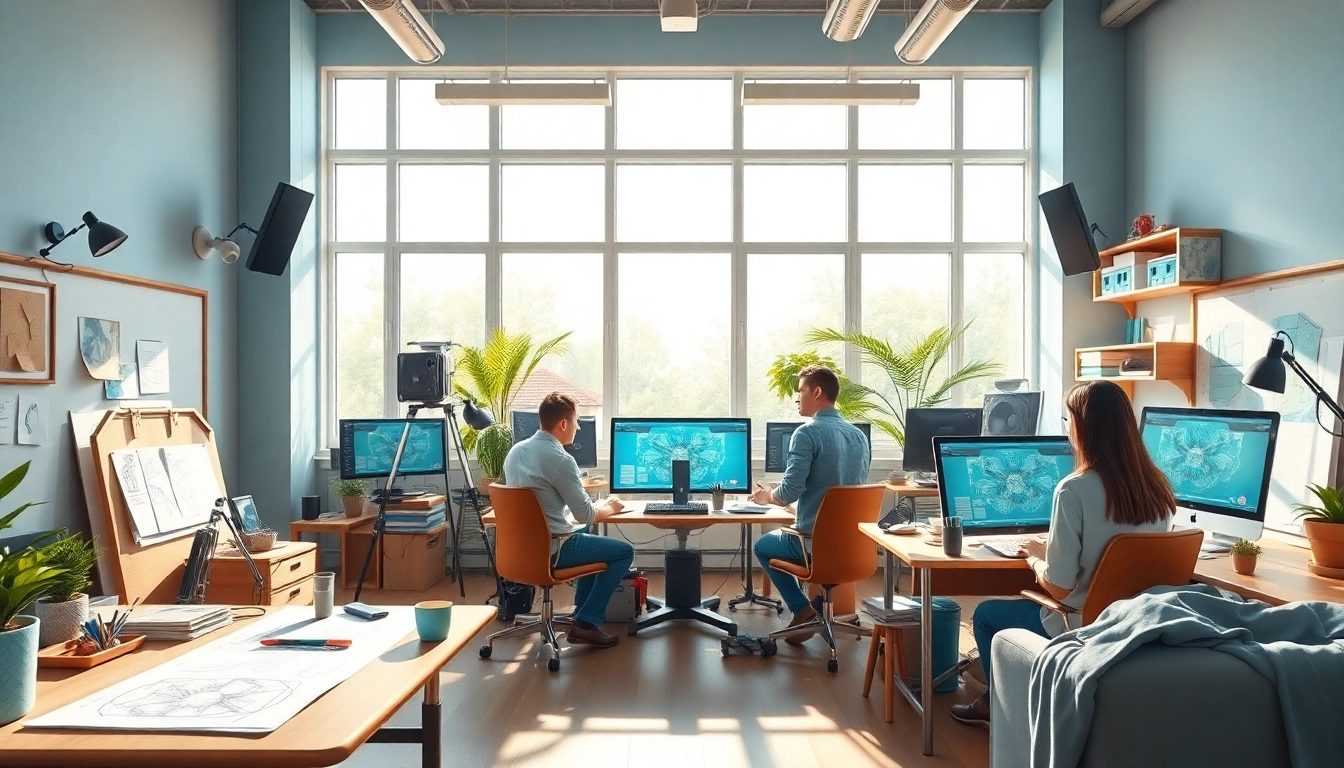Animationsstudio mit kreativen Künstlern, die in einem hellen Raum zusammenarbeiten.