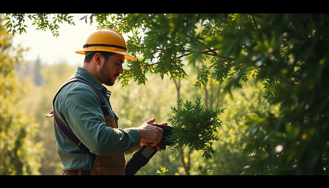 Black Mountain Tree Consultancy arborist demonstrating expert pruning techniques in a lush, green environment.