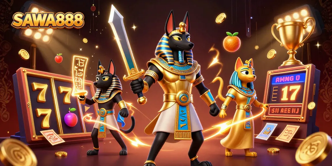 Engage with SAWA888's thrilling slot adventure featuring Anubis and gold elements.