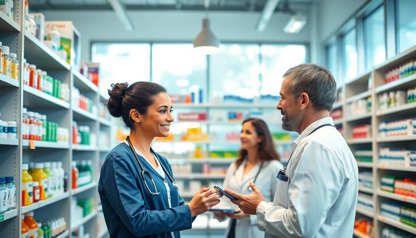Engaging interaction at an online pharmacy with a technician helping a customer.