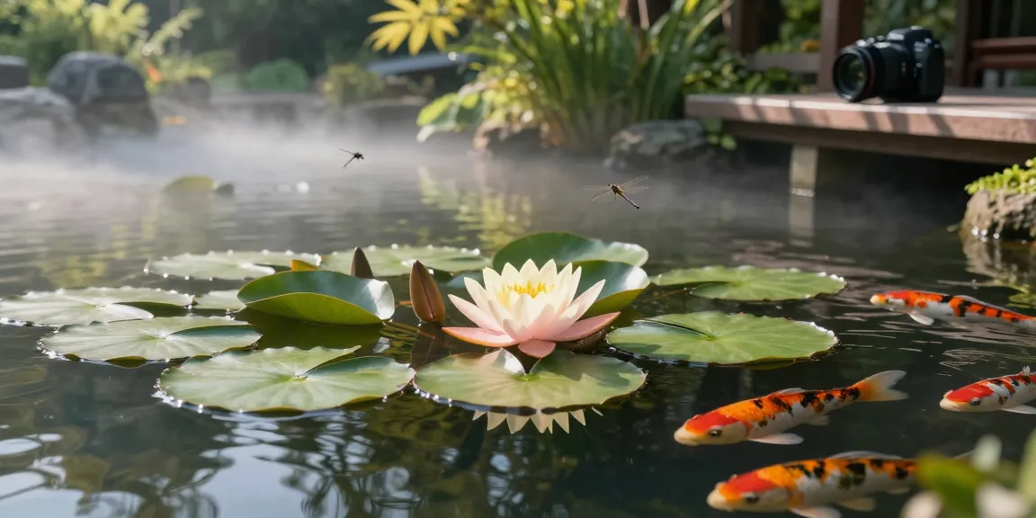 Water Lilies blooming on a tranquil pond surrounded by greenery.