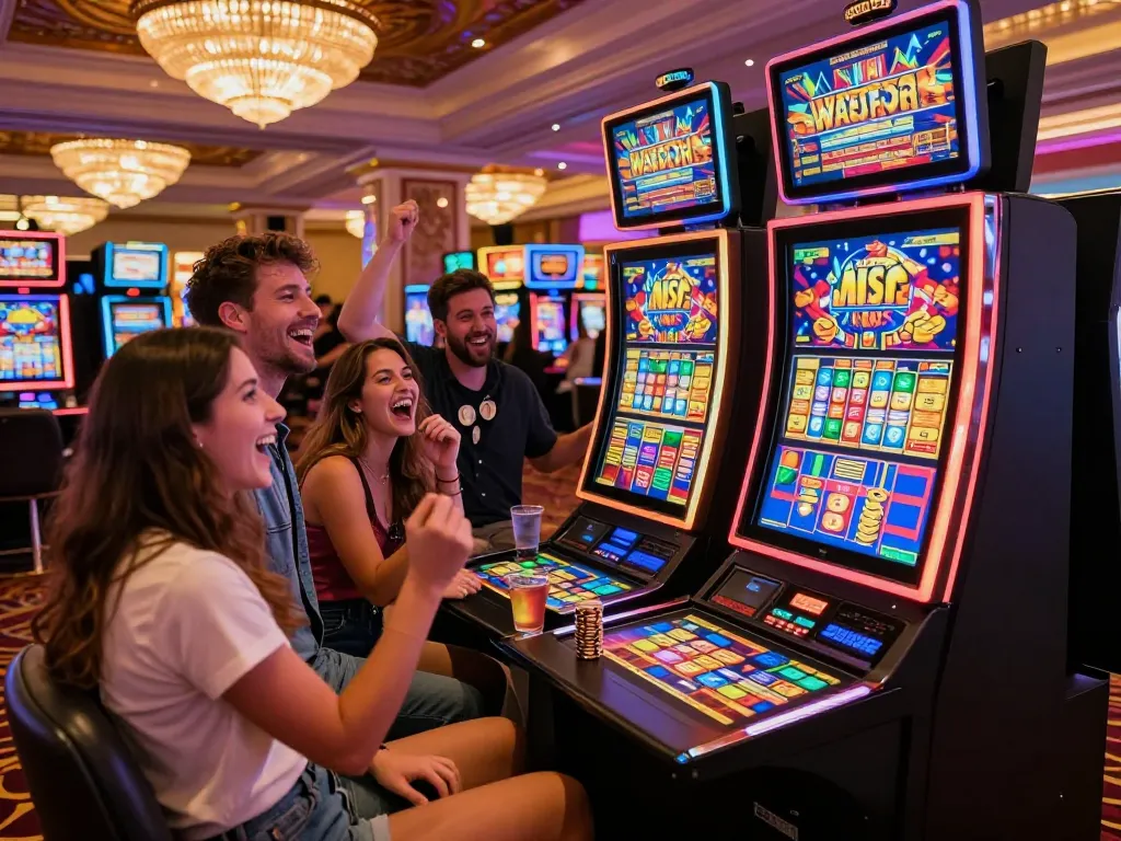 Friends enjoying a link slot machine and celebrating in Las Vegas casino.