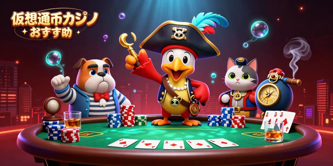 仮想通貨カジノおすすめを揃えた豪華な3Dイラスト。キャラクターが賭けの勝利を目指すシーン。