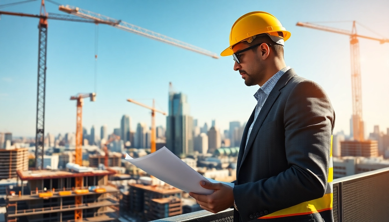 New Jersey Construction Manager overseeing a construction site with blueprints focused on progress.
