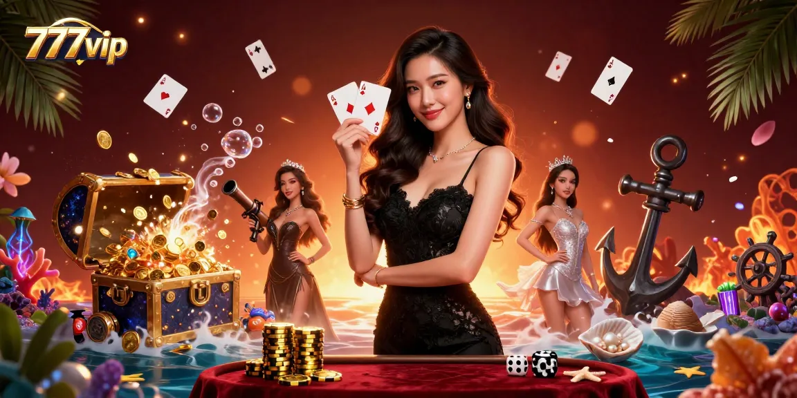 Experience thrilling gaming at 777vip featuring a glamorous dealer and vibrant casino elements.