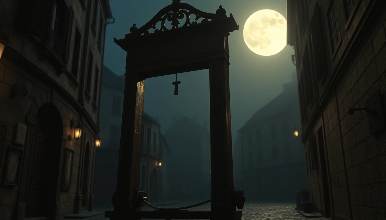 The guillotine origin phrase illustrated with a dramatic, historical context in a Parisian setting.
