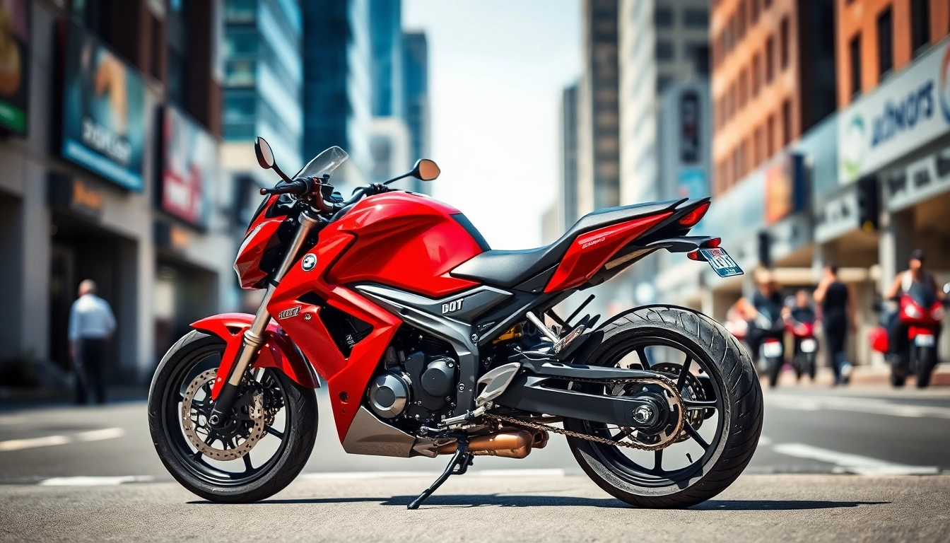 Showcase budget DOT approved motorcycles for sale with sleek design in urban setting.