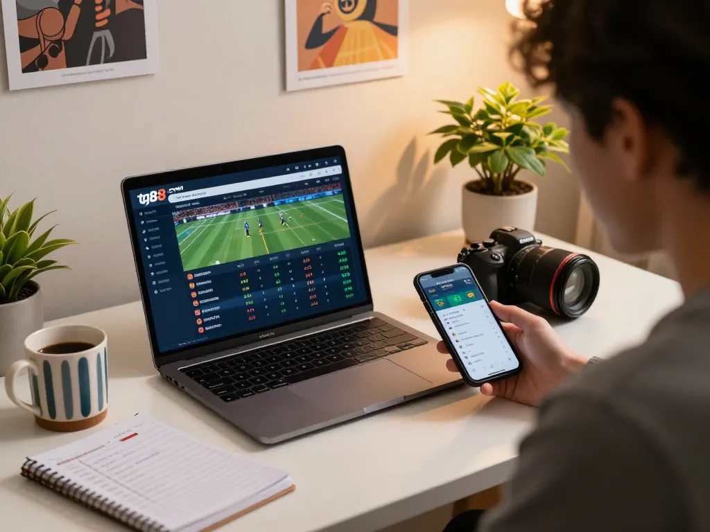 Engaging online sports betting scene showcasing tg88.com interface on laptop with strategic notes for responsible gaming