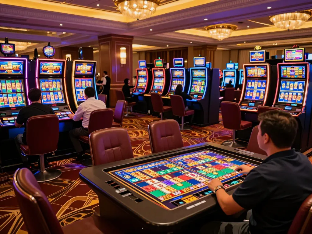 Players enjoying gajah toto slot games amidst vibrant lights and excitement on the casino floor.
