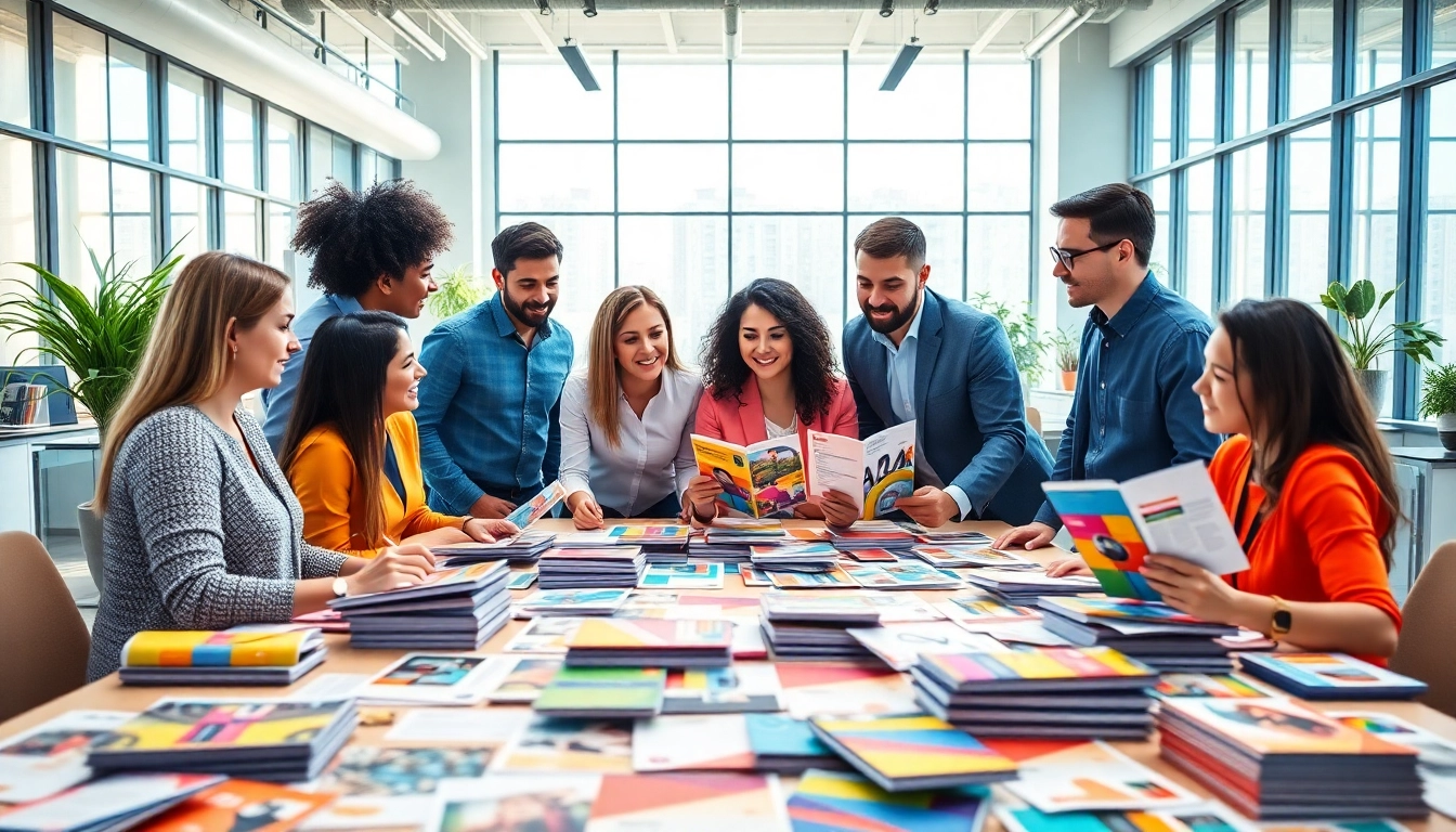 Engaged team at a direct mail company collaborating on vibrant brochure designs.