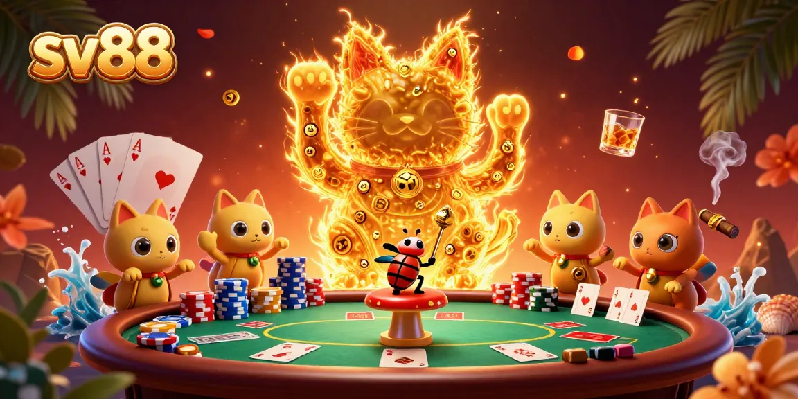 Experience thrilling casino action with sv88's giant lucky cat and lively poker symbols in dynamic 3D.