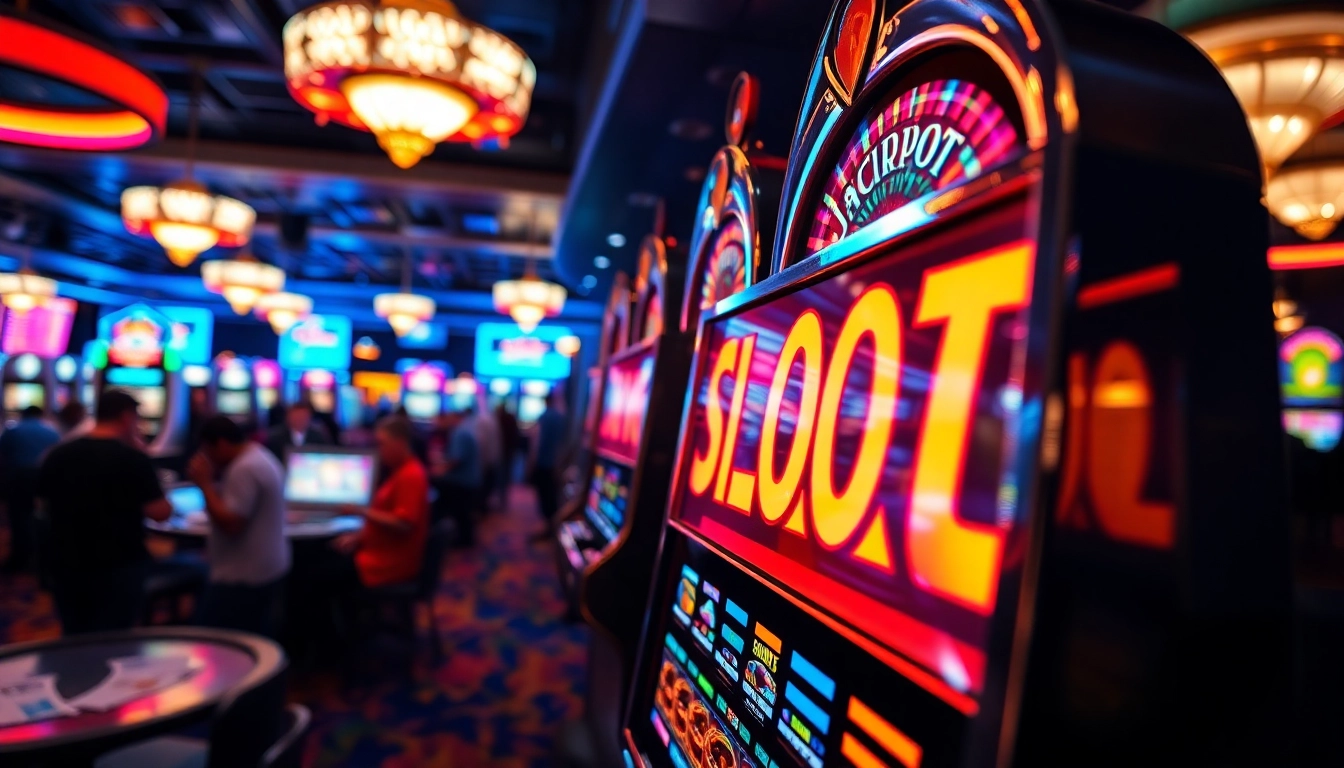 Memenangkan slot jackpot dengan mesin slot yang berkilau dan penuh warna di kasino.