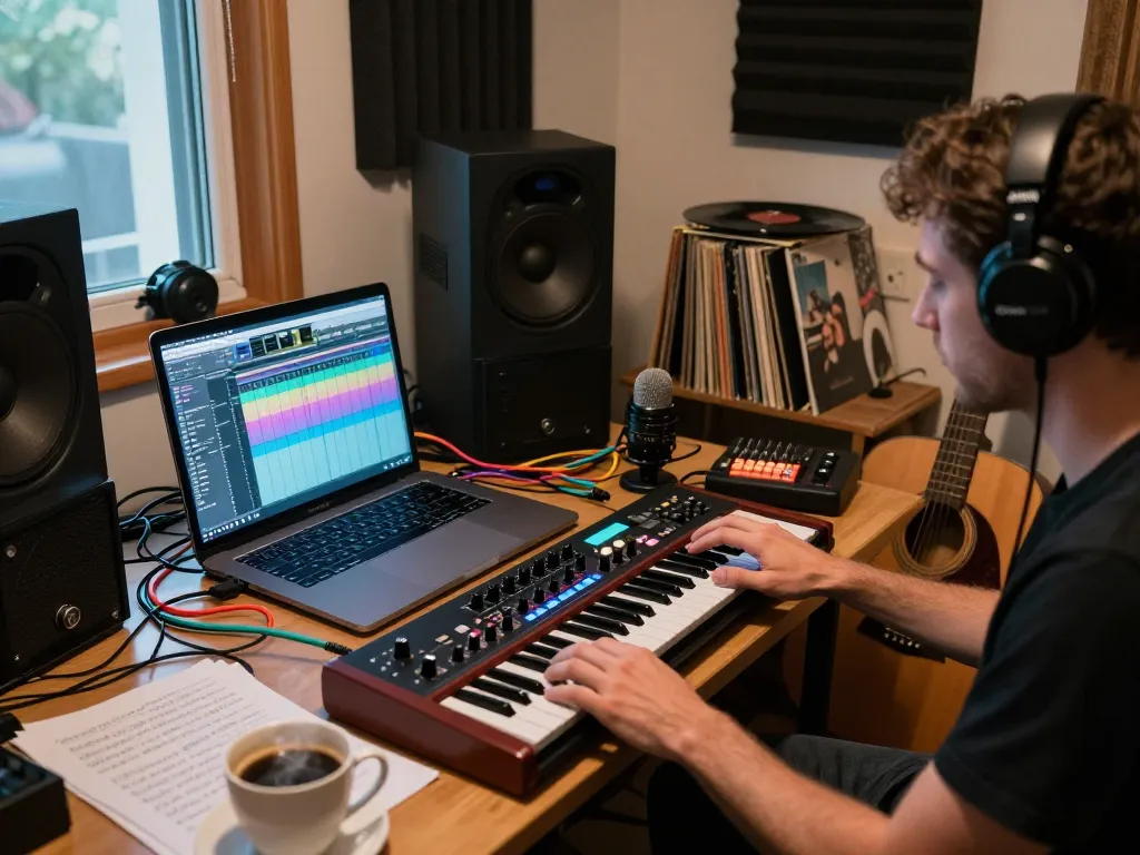 Musician using SC88 sound module in a cozy home studio environment.