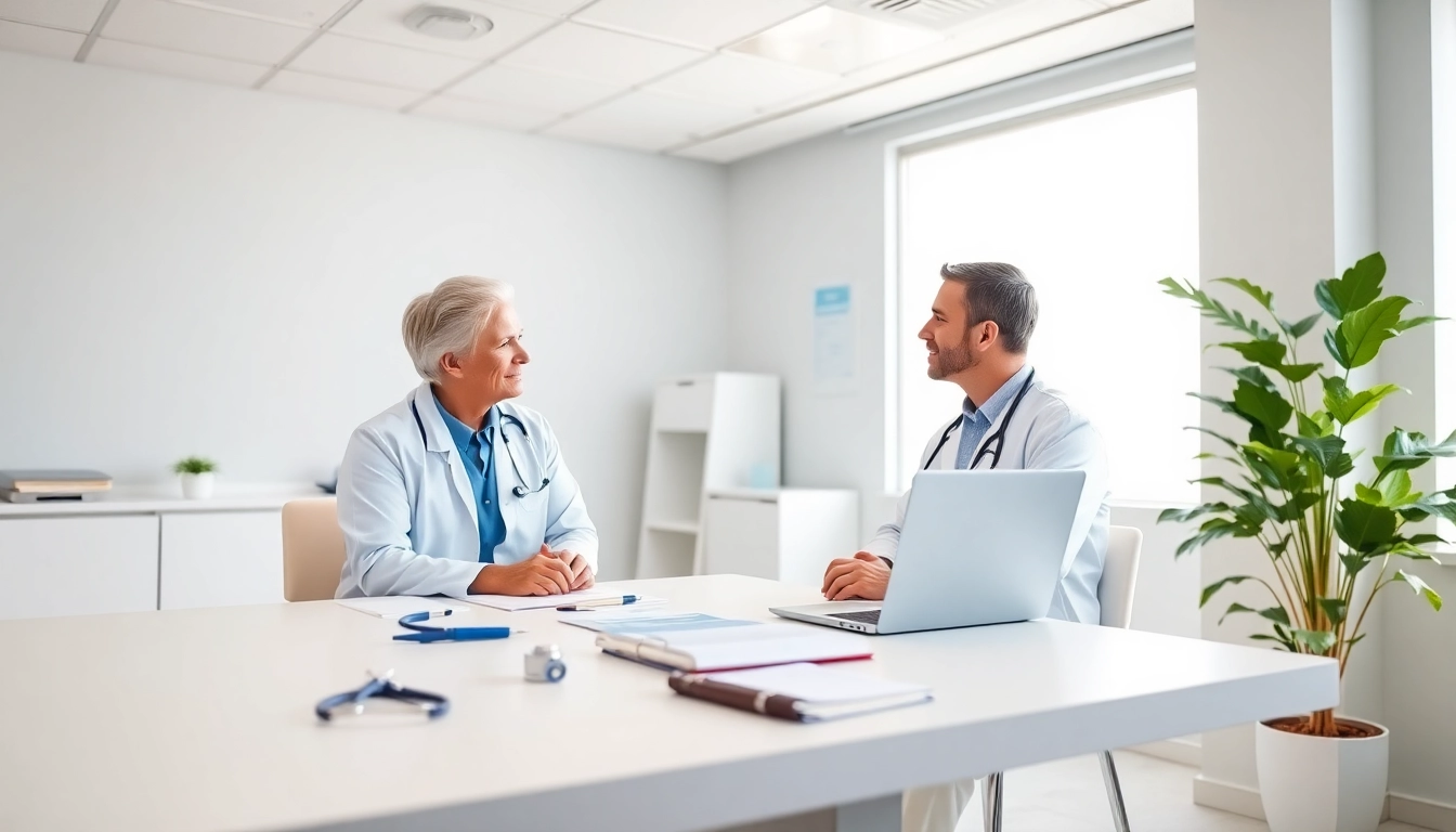 Private GP consulting with a patient in a modern clinic setting.