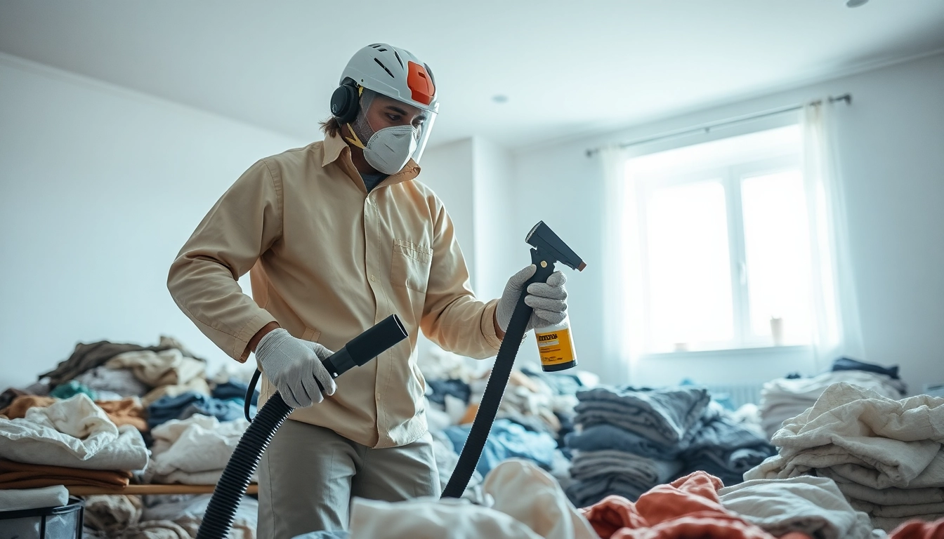 Effective clothes moth extermination by a technician using specialized tools in a bright room.