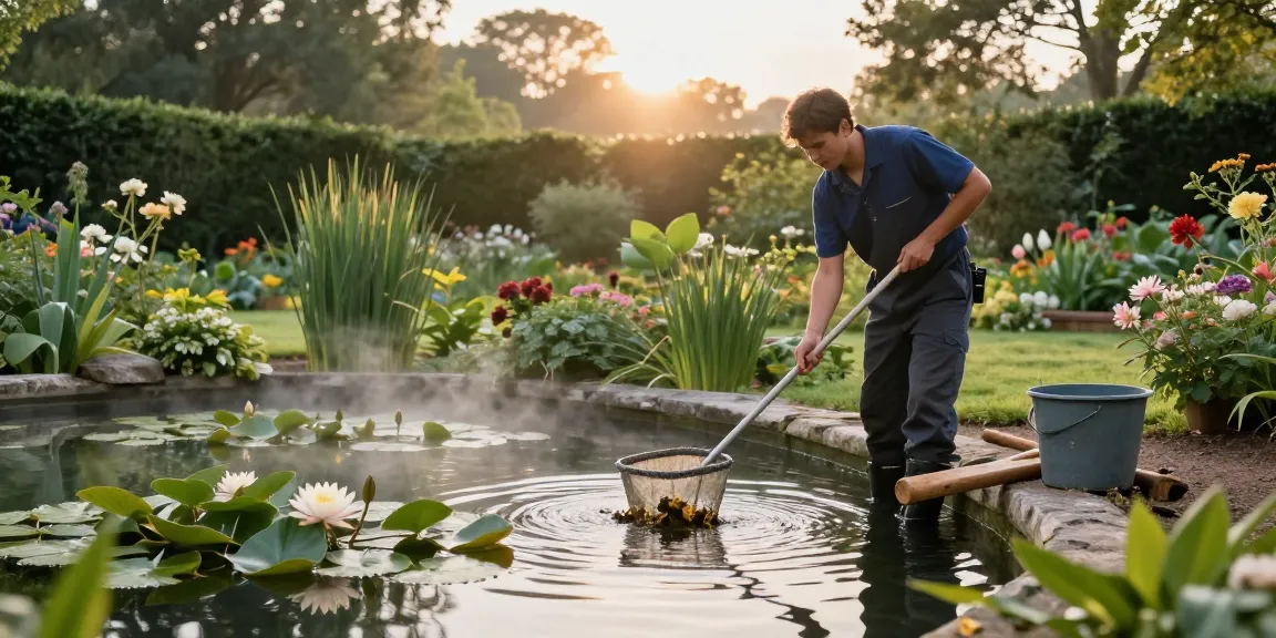 Professional Pond Cleaning Sussex conducted by a technician at a tranquil garden pond.