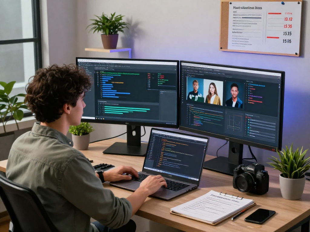 Detect AI image in a modern tech workspace focused on content moderation.
