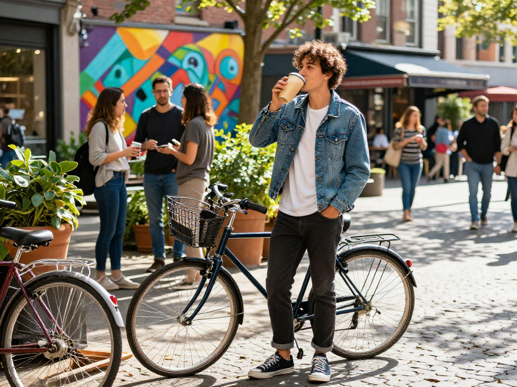 Young adult enjoying an eco-friendly drink in a vibrant urban setting, embodying the Motchill lifestyle.