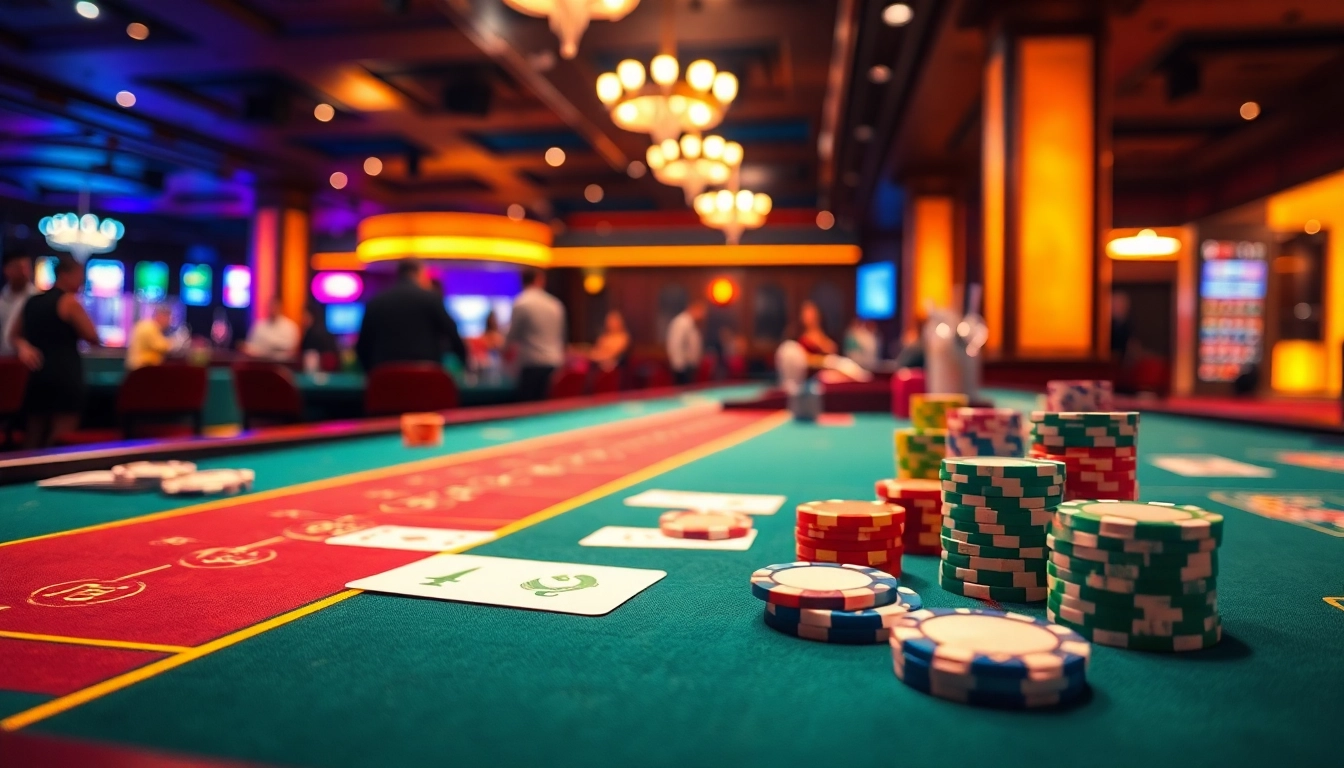 Menangkan permainan ibet44 di meja kasino keren dengan kartu dan chip berwarna-warni.