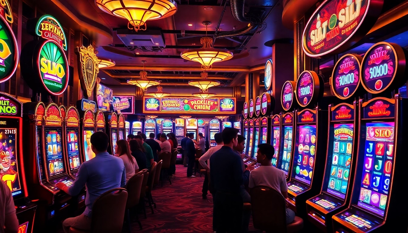 Experience the thrill of slot gacor hari ini with a vibrant casino scene showcasing successful players and slot machines.
