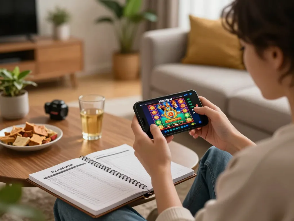 Engaged player using kiss918 apk on smartphone in a cozy home setting, highlighting online gaming strategy.