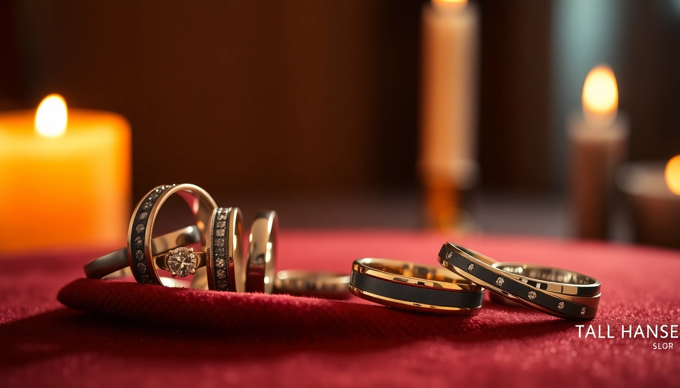 Showcasing diverse mens wedding rings with intricate designs on a velvet background.