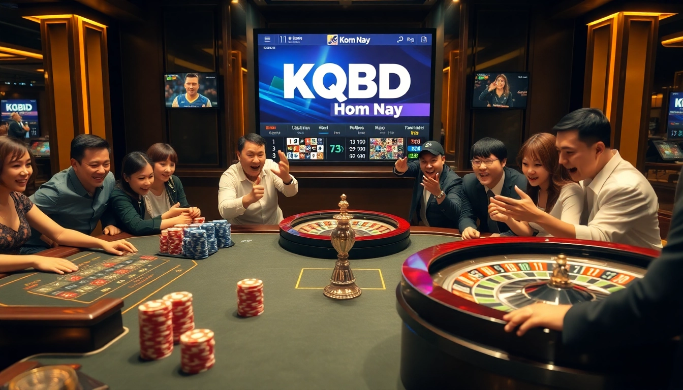 KQBD hôm nay showcased on a vibrant casino backdrop with poker chips and live betting displays.