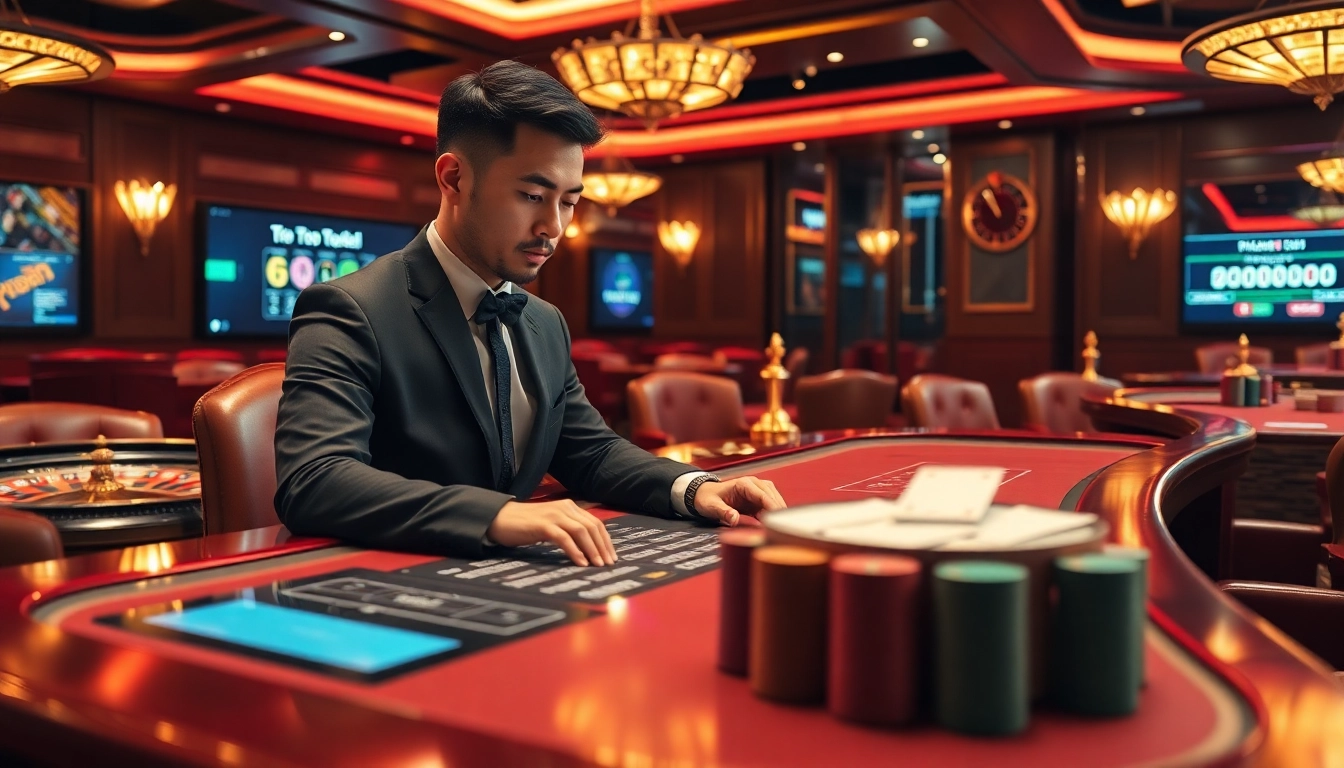 Toto togel lottery player strategizing in an elegant casino setting with gambling elements.
