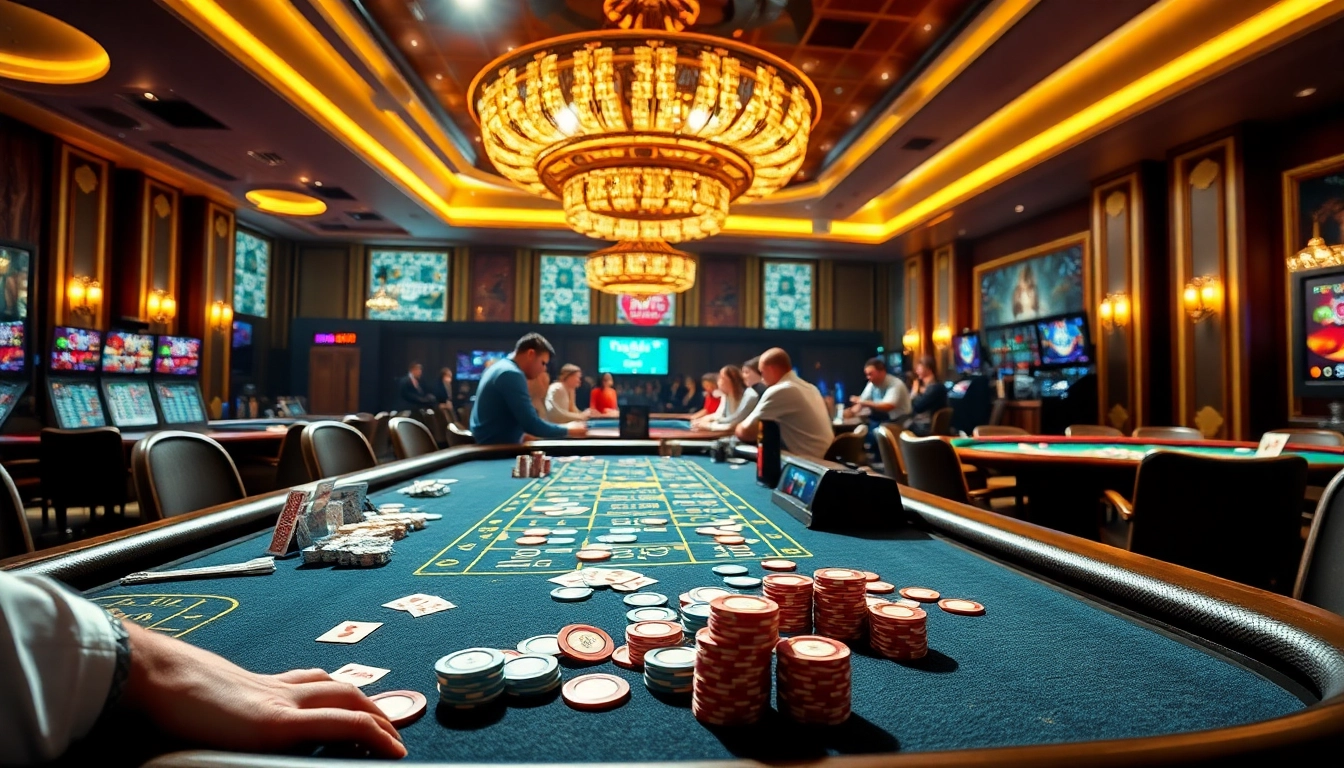 Online casino spielen in einem lebhaften Umfeld mit aufregenden Casino-Spielen und farbenfrohen Spielchips.