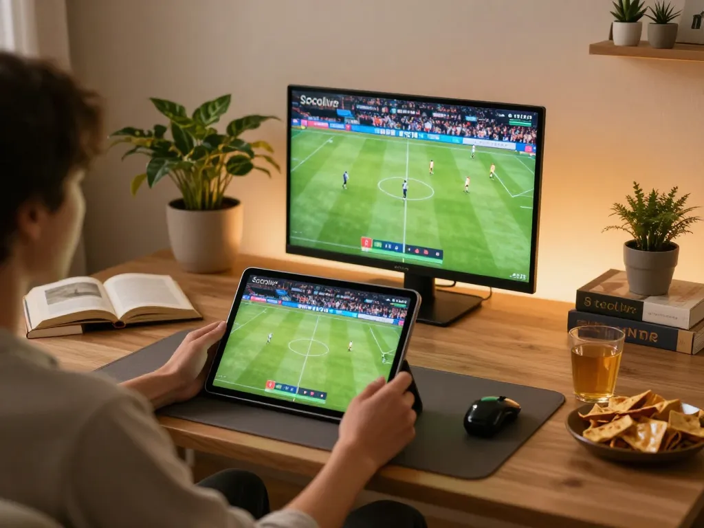 Socolive user enjoying live football streaming with interactive tablet setup and vibrant atmosphere.