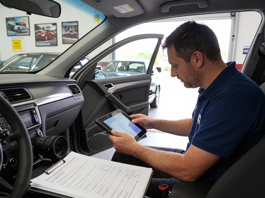 Kfz Sachverständiger Bonn inspiziert das Innere eines Autos mit Tablet und Werkzeugen in einer hellen Garage