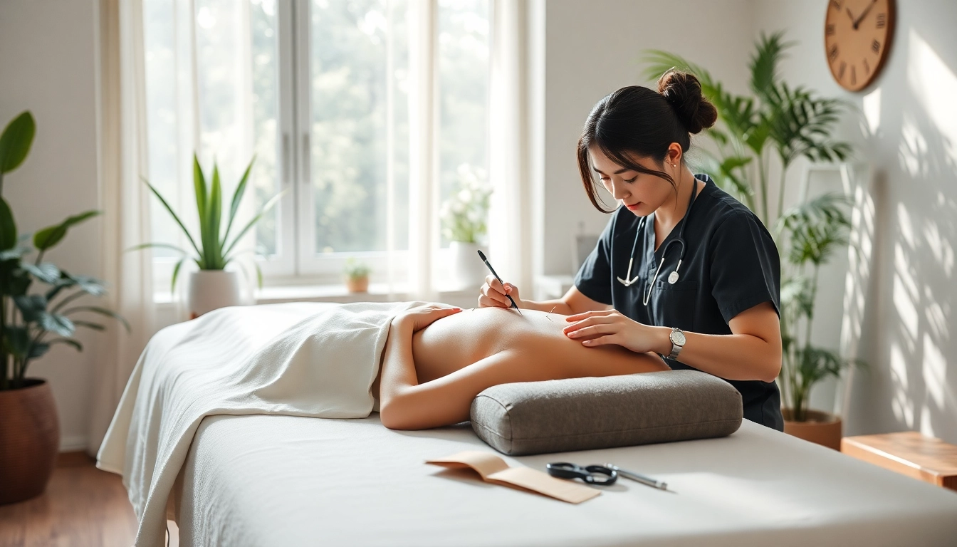 Menggambarkan sesi TCM yang menenangkan dengan akupunktur di ruang klinik.