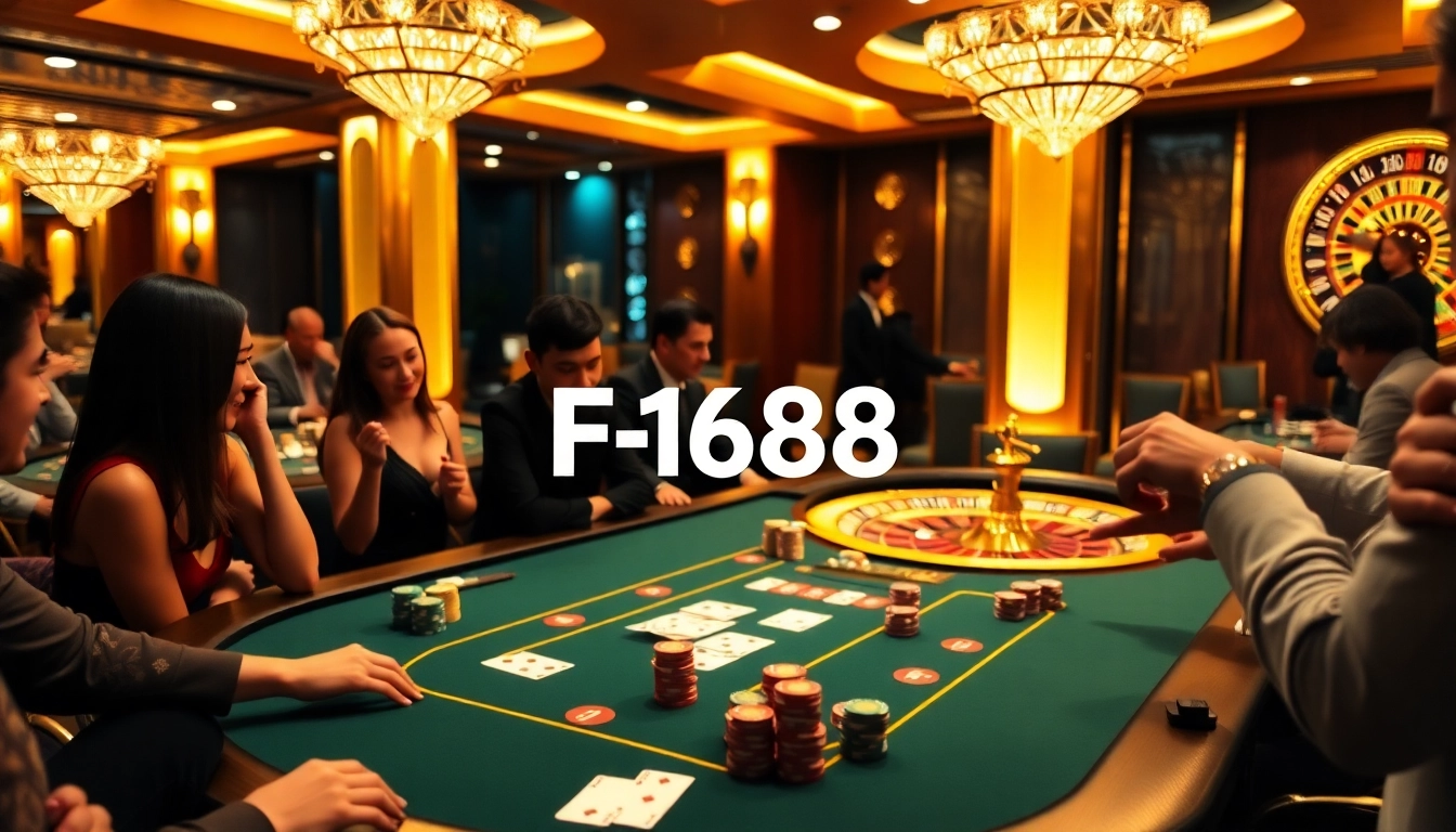 Players enjoying a thrilling game at Nhà cái F168's luxurious poker table in a vibrant casino setting.