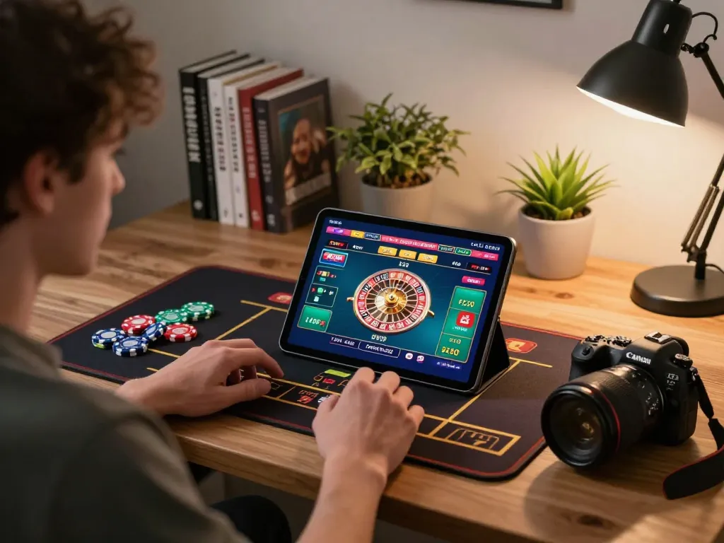 Engaged player in online casinos Canada enjoying an exciting roulette game on tablet in a cozy home setup.