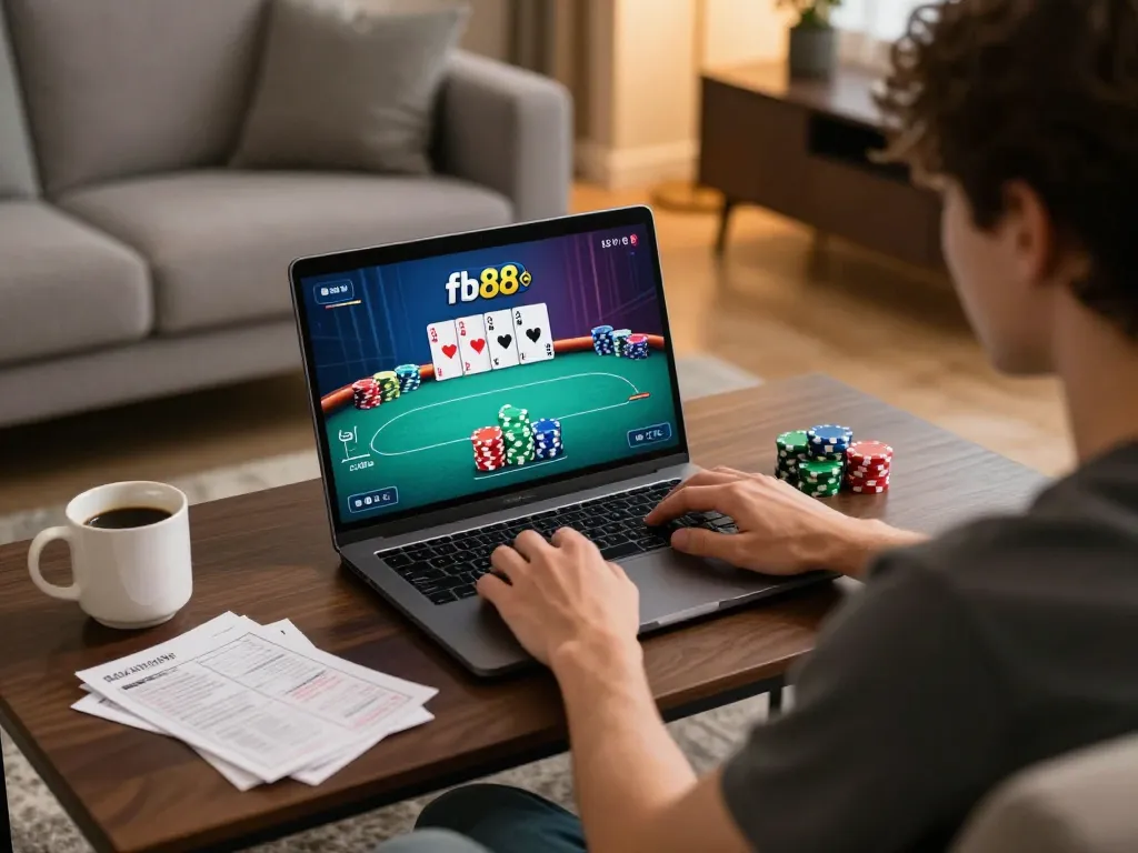 Engaging online poker gameplay on fb88 com with colorful chips and warm home setup.