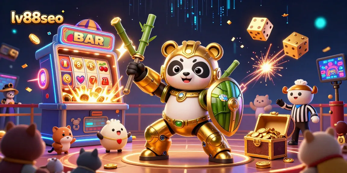 Engage with lv88seo's thrilling 3D casino scene featuring vibrant slots, heroic characters and jackpot excitement.