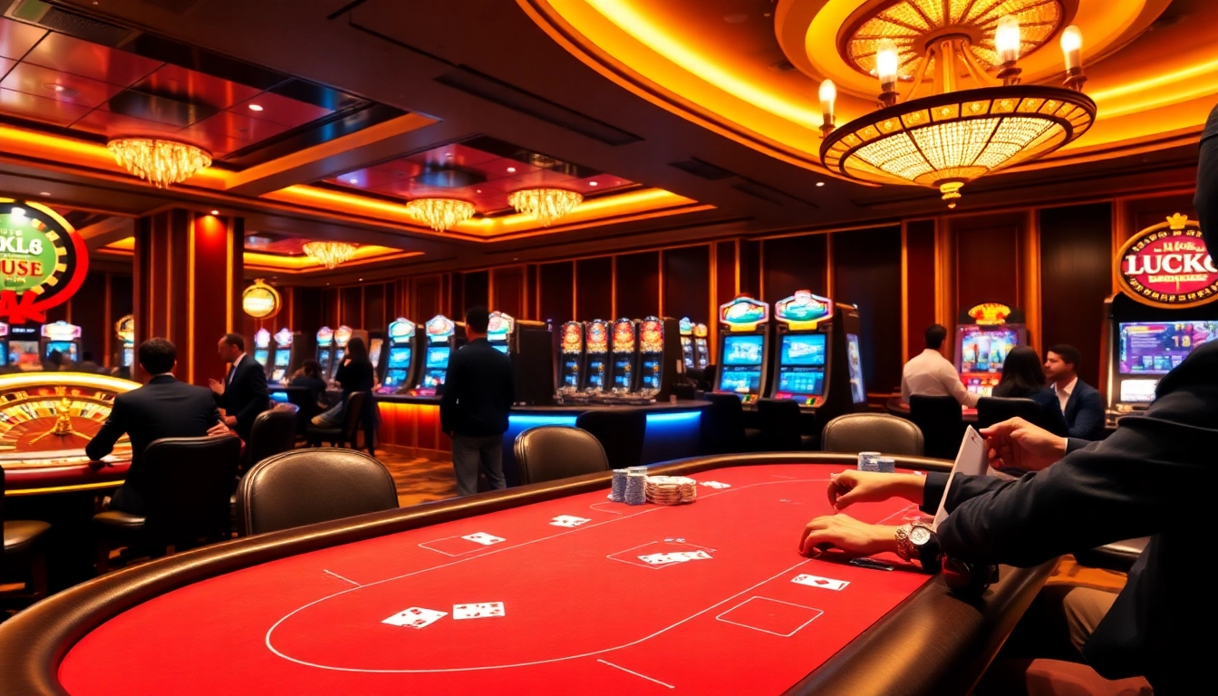 Luck8 casino players enjoy a thrilling poker game surrounded by vibrant casino elements.