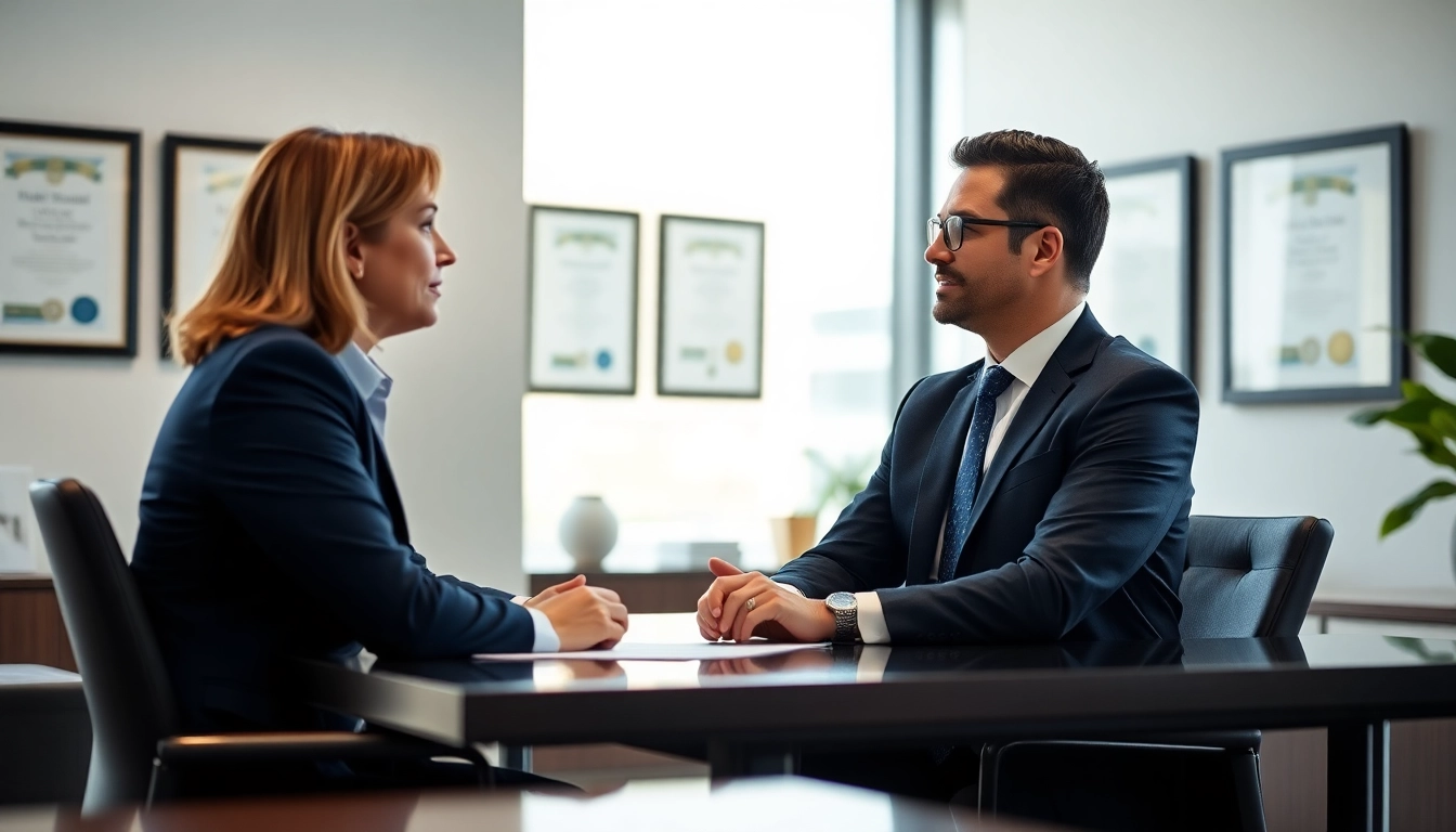 A Miami high net worth divorce lawyer consulting a client in a modern office, exuding professionalism.