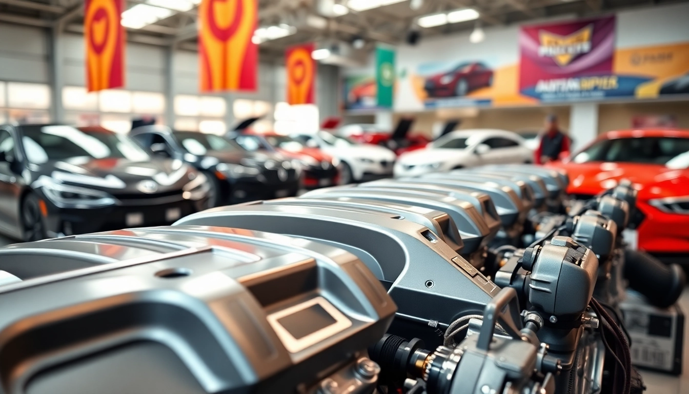 Showcase of used engines in a vibrant dealership, emphasizing quality and variety.