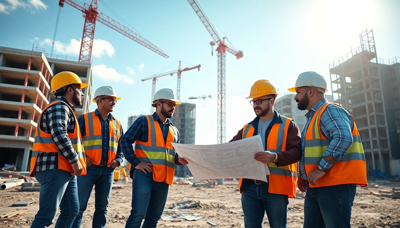 Showcasing Careers in construction, workers in safety gear collaborate on-site with blueprints.