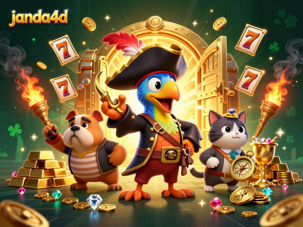 Experience the thrill of janda4d with pirate captain and bulldog amidst jackpots and treasures!