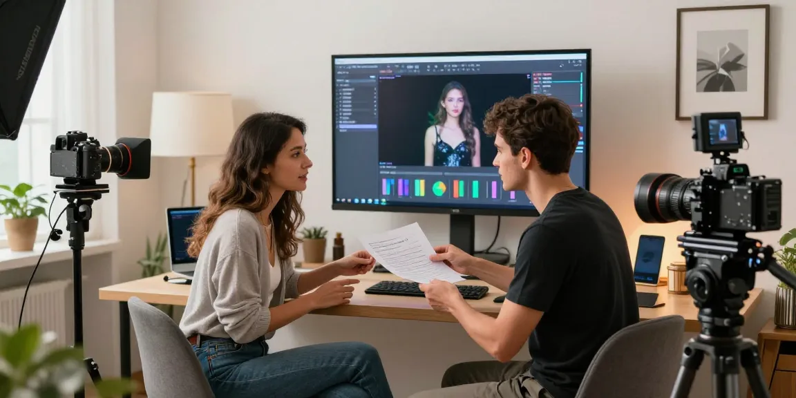 Engaging AI porn production scene with performers and tech setup.
