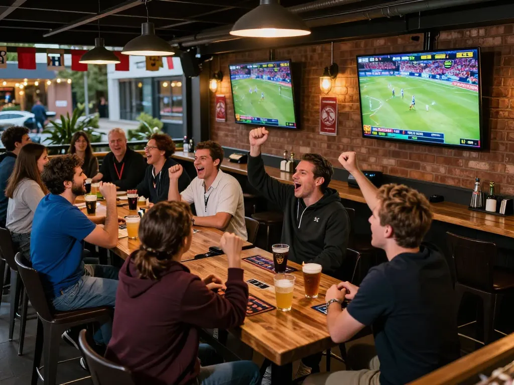 Friends enjoying sports betting at manclub while cheering for live games on multiple screens.