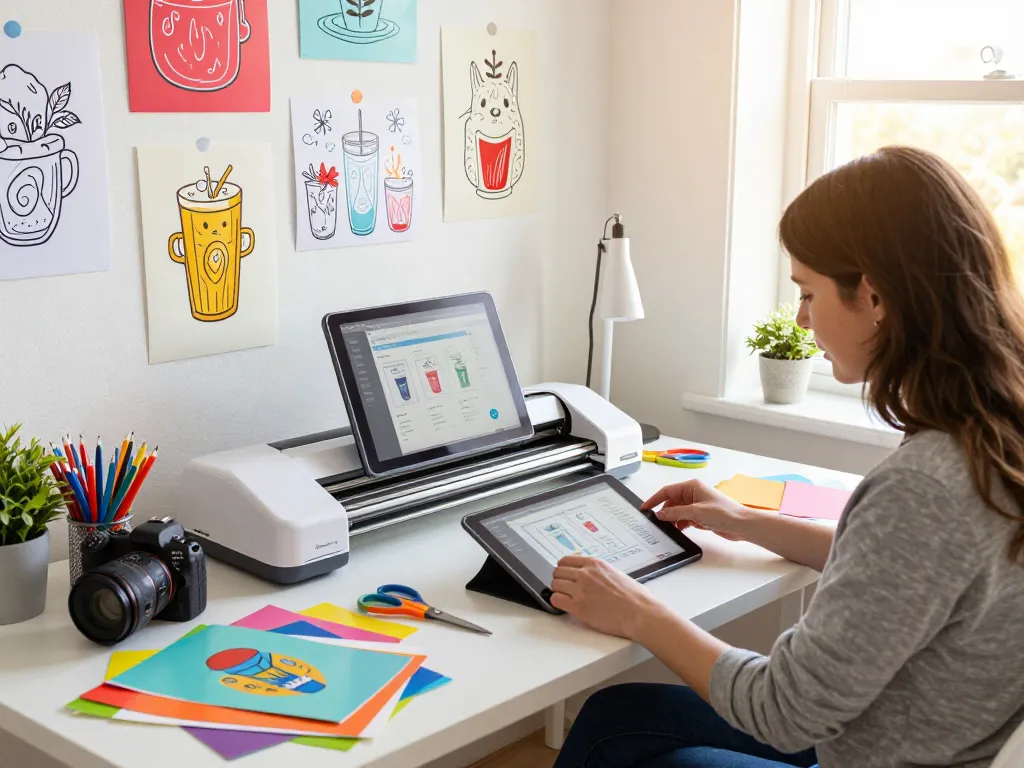 Woman crafting with SVG files in a colorful workspace filled with Cricut tools and vibrant designs.