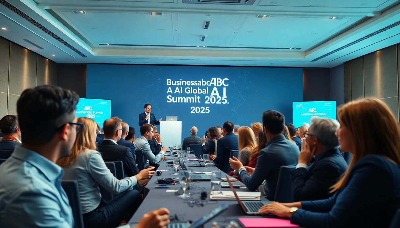 Engaged attendees at the businessabc ai global summit london 2025 discuss AI technologies and innovations.