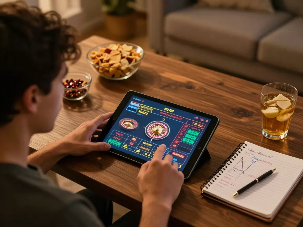 Player engaging in an online casino game on a tablet while utilizing oli4d for strategic betting.