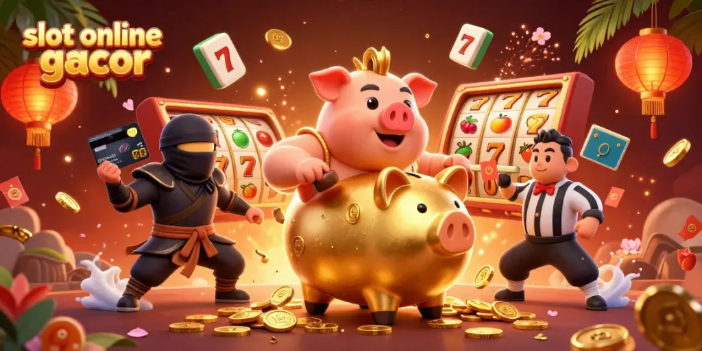 Engaging scene with slot online gacor featuring a dynamic sumo wrestler, a wallet ninja, and a credit-card samurai amidst vibrant casino elements.