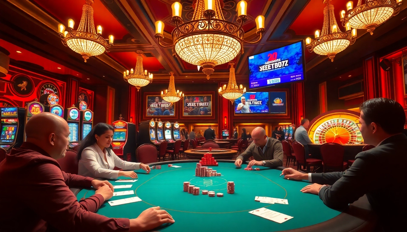 Experience excitement at Jeetbuzz casino with players enjoying poker and roulette in a luxurious setting.