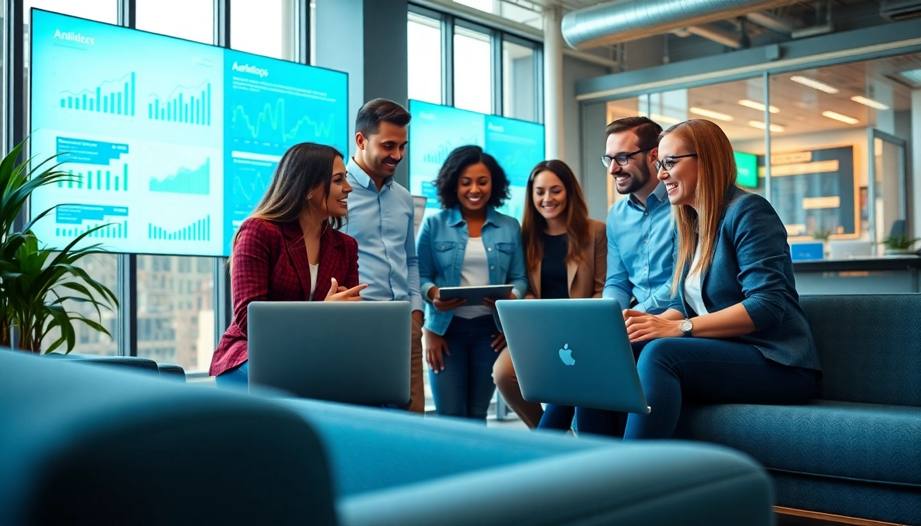 Marketing Agency professionals collaborating in a vibrant office environment.