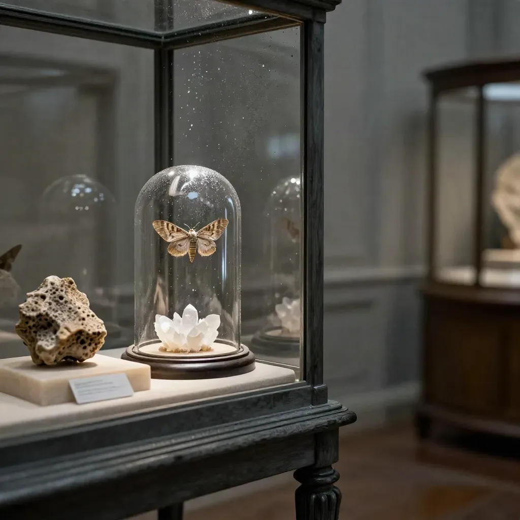 Rainy museum cabinet with fossil, moth specimen, salt crystal, and glass dome glowing in the dark.